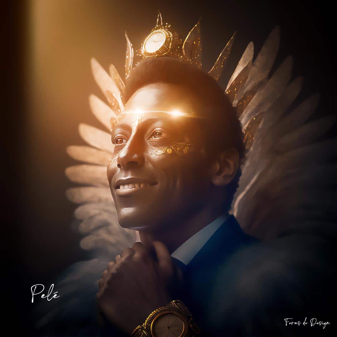 Arte Rei Pelé Anjo 2022 Dourada Olhando para o Céu Inteligencia Artficial - Arte Pelé