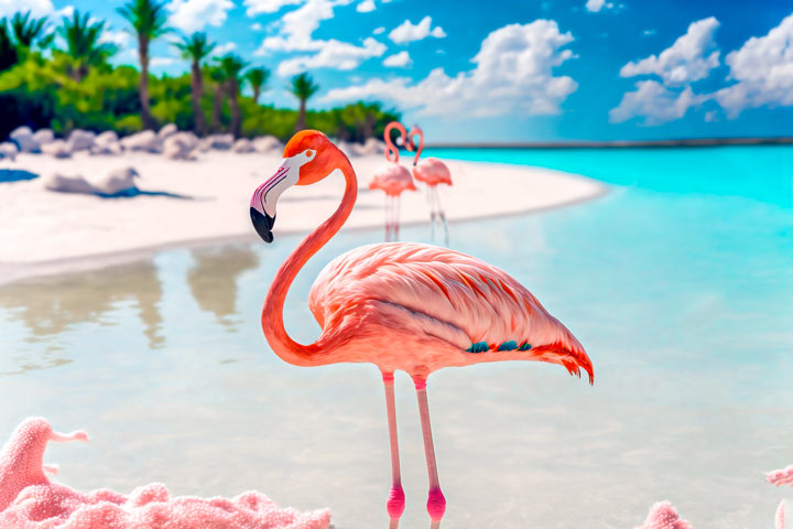 um grupo de flamingos parados no topo de uma praia perto do oceano