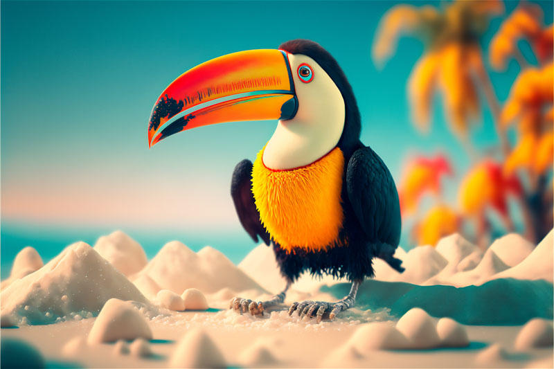 imagens de verao gratis tucano feras do design 01. um pássaro tucano com um bico colorido parado em uma paisagem de areia com palmeiras ao fundo, uma renderização 3D, fotorrealismo