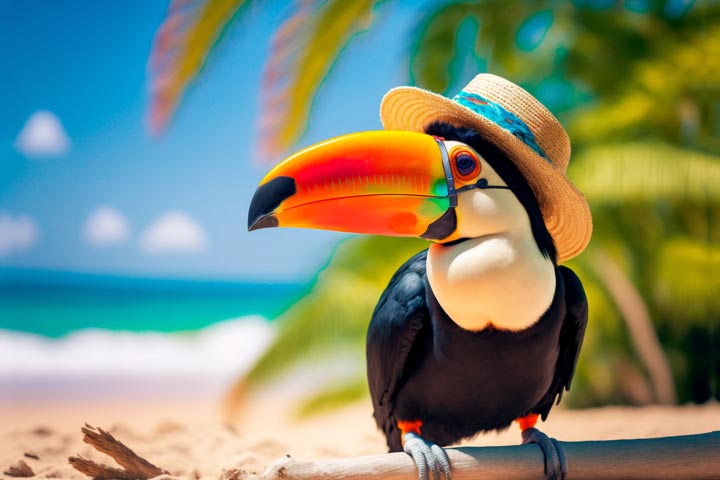 tucano de chapeu na praia