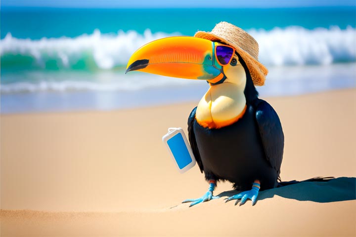 tucano turista na praia de oculos e chapeu verao