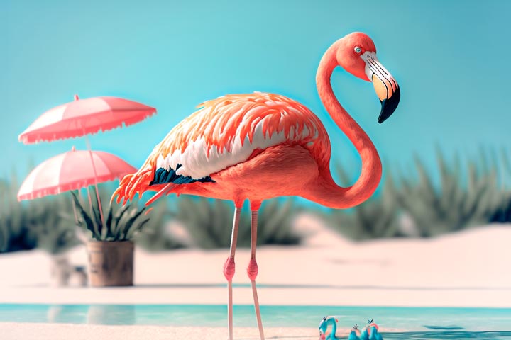 um flamingo rosa na praia